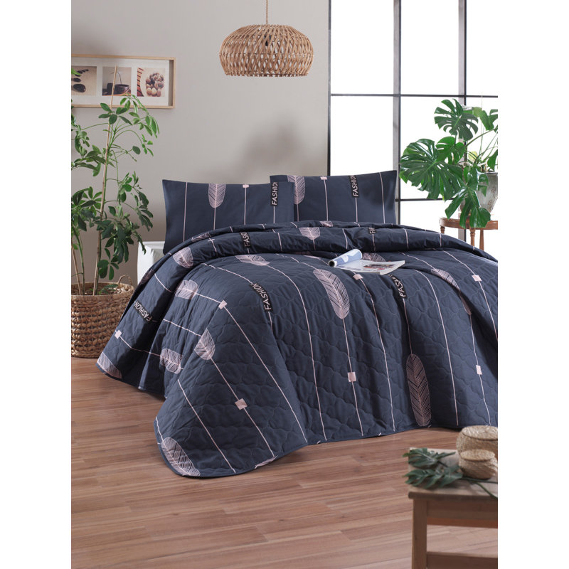 Cotton Abstract Coverlet, Dark Blue/Rose, 71" x 89" Bedspread + 1 Standard Pillowcase