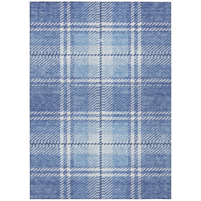 3' X 5' Denim Blue And Ivory Plaid Washable Indoor Outdoor Area Rug