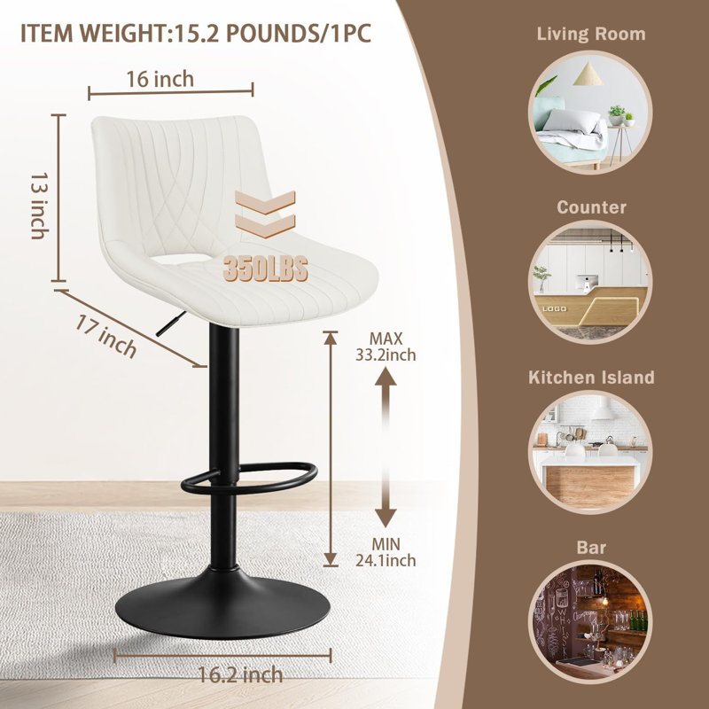 Tabouret de bar réglable en polyuréthane, Similicuir blanc / cadre noir