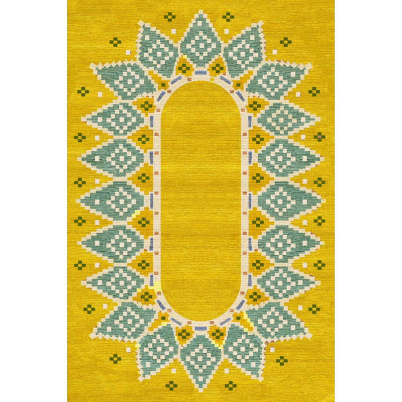 Tapis décoratif de style bohème moderne à motif géométrique jaune, Rectangle 5 pi x 6 pi 7 po