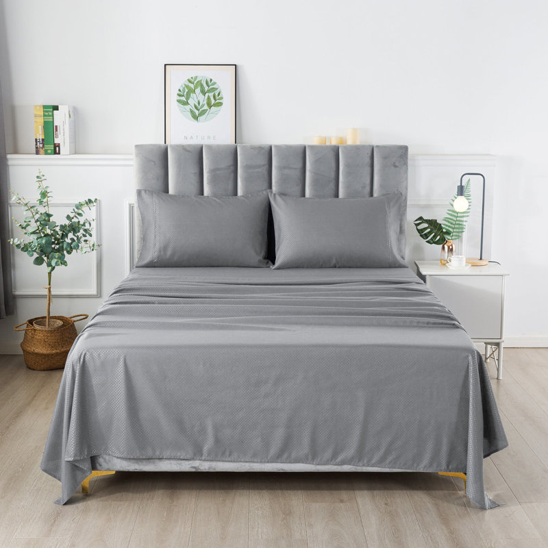 Microfiber Bed Sheets Set Checker Embossed Bedding Set, Full Sheet Set with Fitted Sheet and Pillowcase, Gray