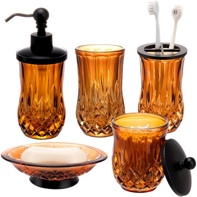 Ensemble d'accessoires de salle de bain en verre 5 pièces, ambre, rond