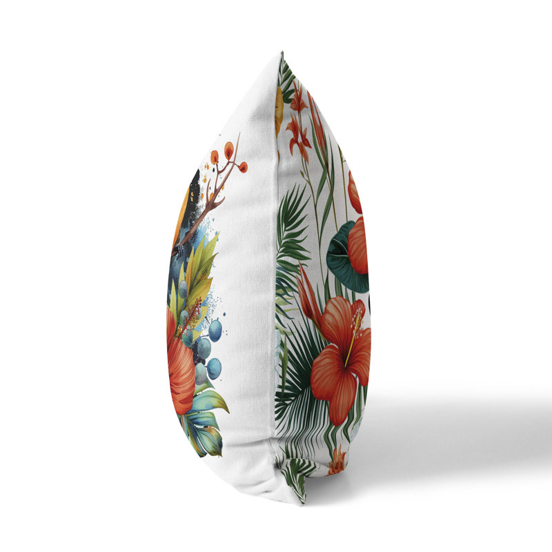 Coussin décoratif intérieur / extérieur Tropical Jungle Bird, Bleu / Orange, H 16 po x l 16 po