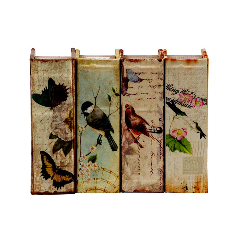 Ensemble de 4 boîtes de rangement décoratives en forme de livre avec motifs d'oiseaux et d'écriture, matériau en bois aggloméré