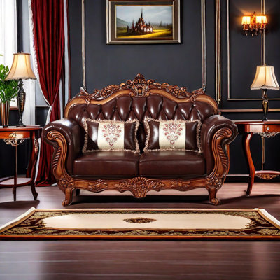 European Retro Luxury Solid Wood Leather Sofa 70.8'' Leather Loveseat