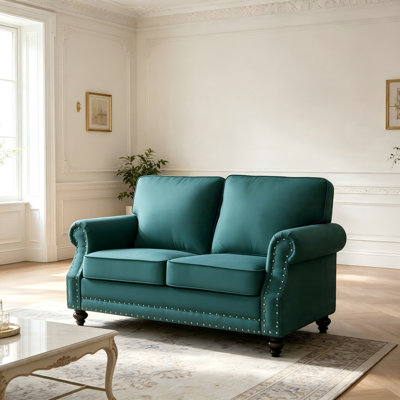 Traditional Velvet Loveseat Sofa with Nailhead Detail & Solid Wood Turned Legs