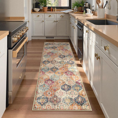 Moroccan Trellis Round Area Rugs, Washable Small Rug Non-Slip, Soft Vintage Ultra-Thin Circle Carpet For Bedroom Entryway Kitchen Laundry Bathroom, Cream/Multi