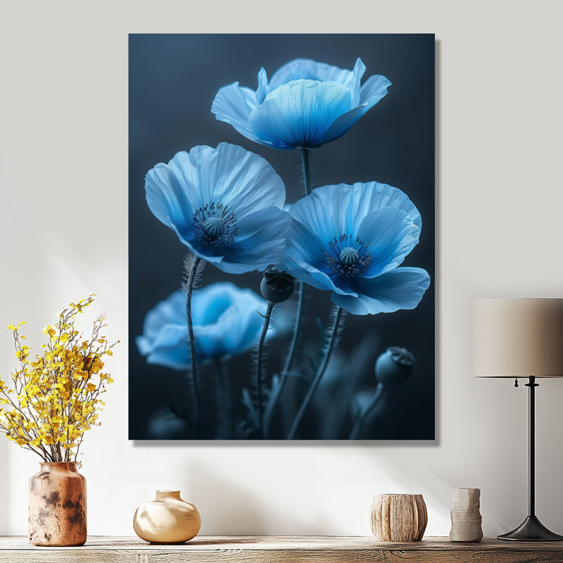Bleu, noir, nature, Nuance, coquelicots I - coquelicots, art mural, salon, Toile tendue, H 32 po x l 24 po x P 1 po