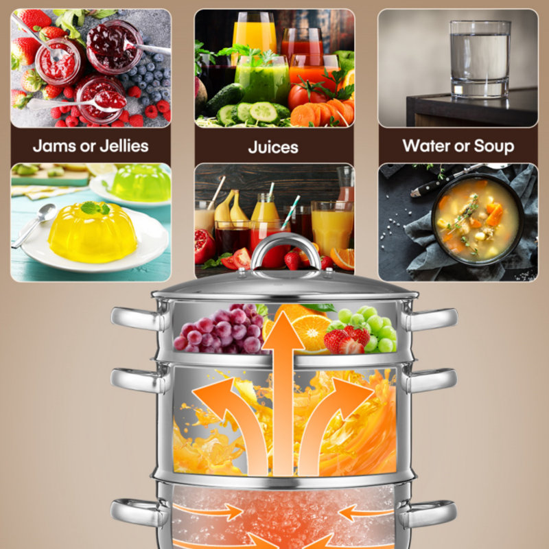 11qt Steam Juicer Extractor Stainless Steel, Juice Steamer Pot For Fruit & Vegetables With Glass Lid, Hose, Clamp, Loop Handles, Ideal For Making Fresh Juice, Jelly, And Sauces