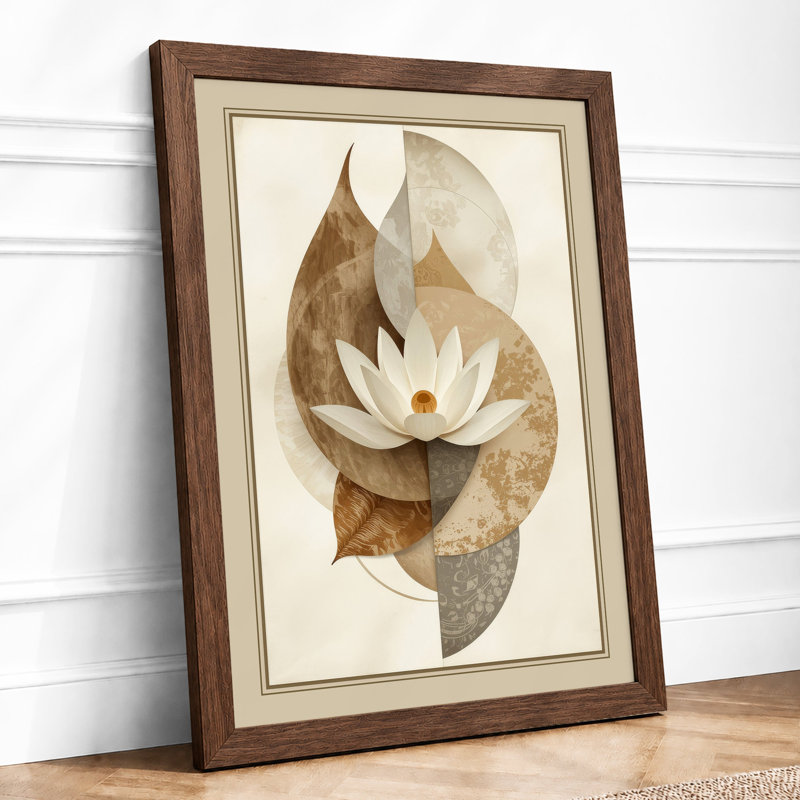 Lotus and Leaves Botanical - Framed Print, A4 - 29.7 x 21.0 cm, Walnut