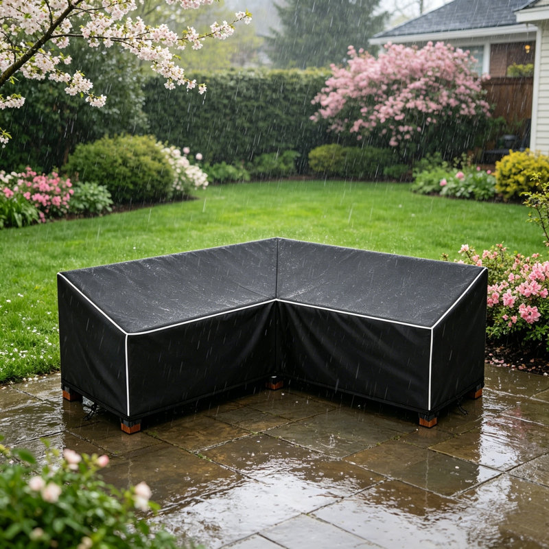Housse robuste pour canapé de patio en forme de V noire, résistante aux intempéries avec garniture de sangle blanche, évents et attaches sécuritaires, L 85 po x l 34 po x H 31 po