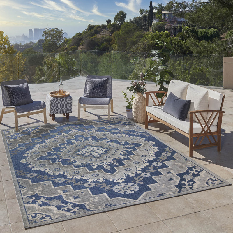 Blue and Gray Synthetic Flat Woven Reversible Area Rug 5' x 7'