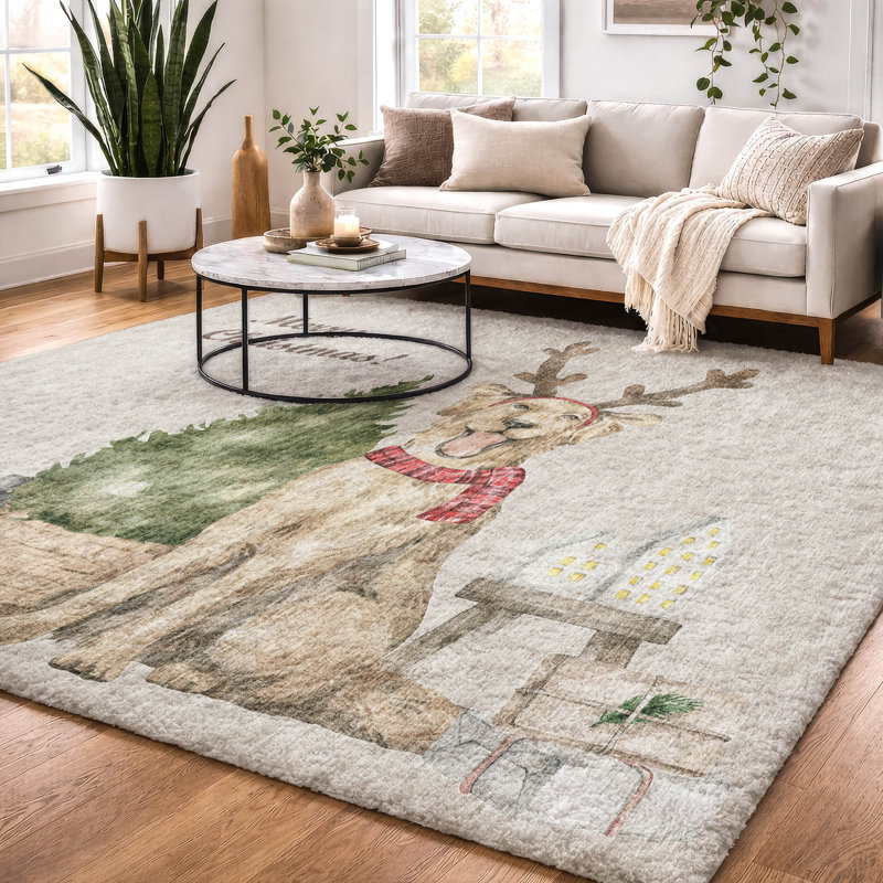 Premium Machine Washable Dream Shag ADS219 Christmas Dog and Tree Rug, 10' x 14'