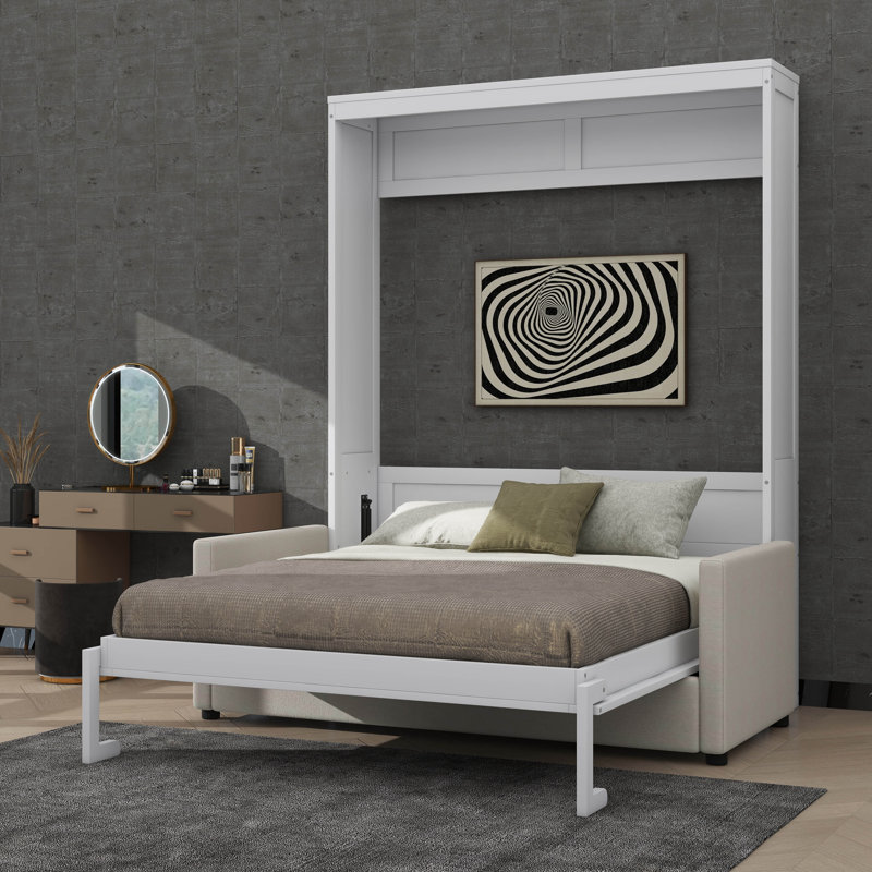 Lit escamotable mural Murphy avec coussin, Lit double, Blanc