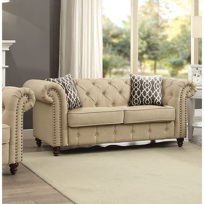 Transitional Tufted Loveseat with 2 Pillows in Beige