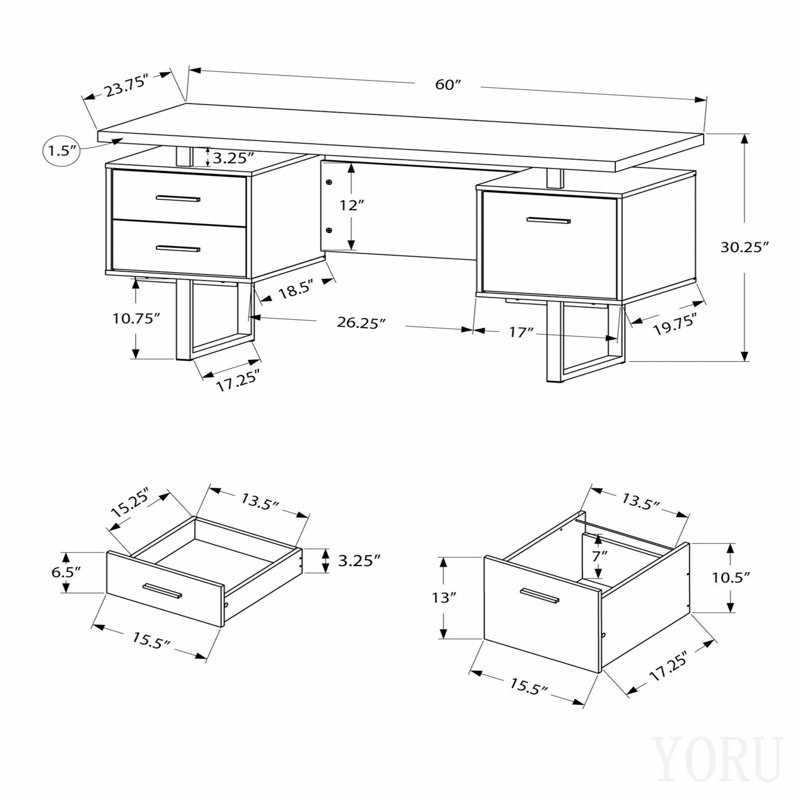 Bureau d'ordinateur, bureau personnel, ordinateur portable, installation à gauche, à droite, tiroirs de rangement, L 60 po, bureau, stratifié brun, métal noir, contemporain, moderne