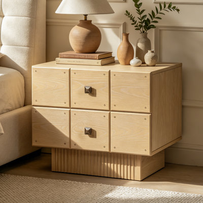Halvoria Mid-Century Wood Nightstand with Drawers, Fluted Pedestal Base & Brass Knobs for Bedroom & Living Room