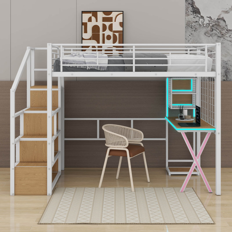 Lit mezzanine double en métal avec poste de travail intégré, garde-robe, escalier de rangement et DEL, Lit double