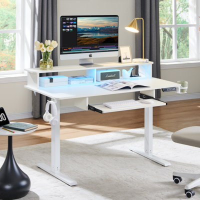 48"Home Office Height Adjustable Standing Desk,Computer Desk With Keyboard Tray, Power Outlets, Led Lights & Monitor Shelf,Usb Ports And Hooks