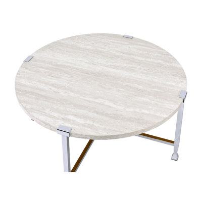 Table basse ronde avec cadre en métal, chêne blanc et chrome