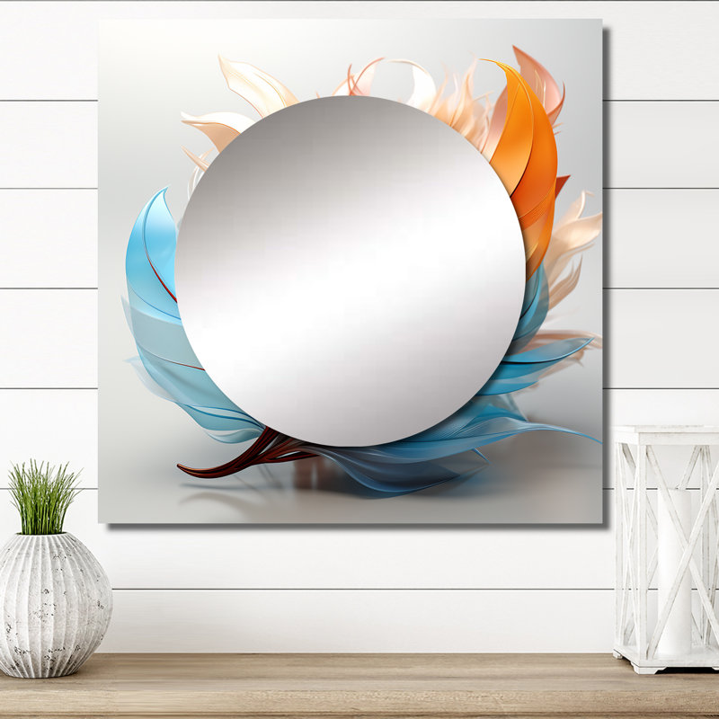 Fractal Boho Feather Amber Orange And Turquoise I - Feathers Square Mirror Wall Art For Bathroom, 23" x 23"