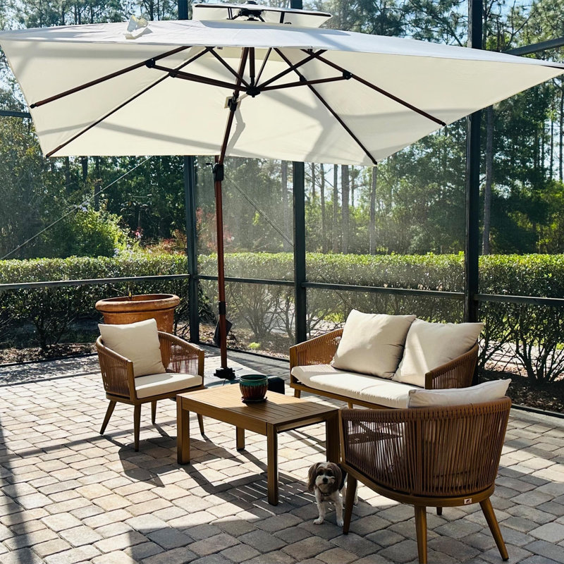  Ensemble de conversation de patio en osier 4 pièces avec coussins et table basse pour jardin, Beige, Grain du bois