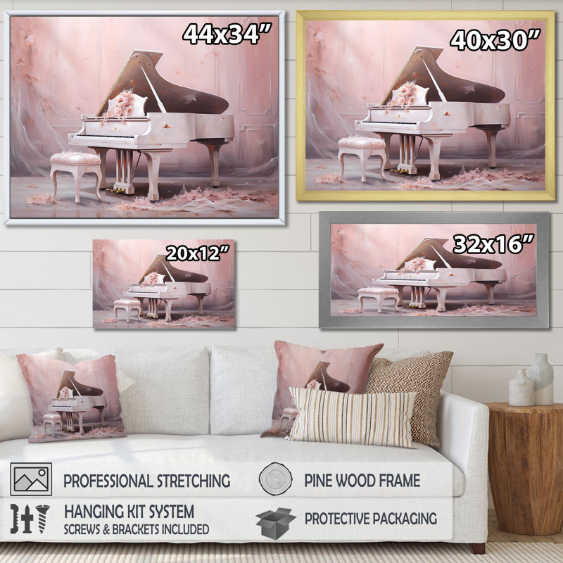 «Pink Pastel Piano Play III», impressions sur toile de piano, Cadre flottant noir, H 16 po x l 32 po
