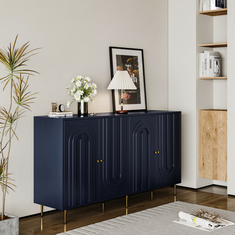 Armoire laquée bleue à 4 portes pour entrée et cuisine Carvajal. Tablettes réglables, modernes en bleu. Pour la salle à manger, le bureau. Fabrication stable