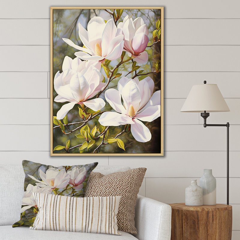 Blanc et rose magnolia tranquillité - impression, Cadre naturel flottant, H 44 po x l 34 po x P 1,5 po