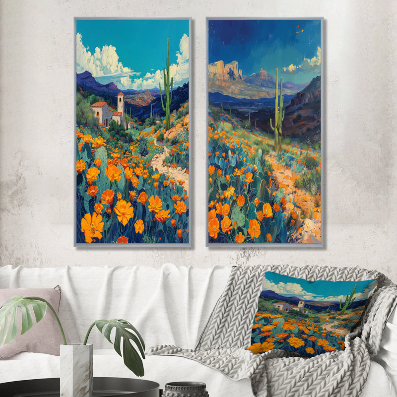 Orange, bleu, désert, cactus, paysage, Mexique, I, plantes, art mural, ensemble de 2 pièces, H 32 po x l 32 po, Argent argent