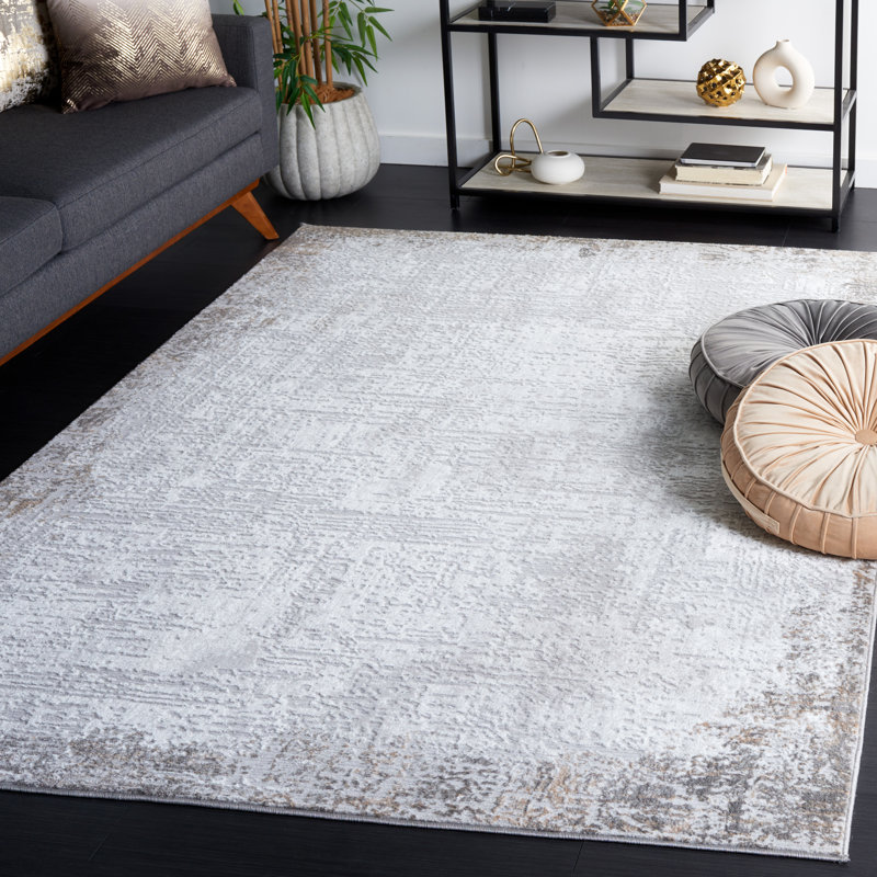 Tapis gris / ivoire en polyester tissé à la machine Servier, Rectangle 5 pi 3 po x 7 pi 6 po