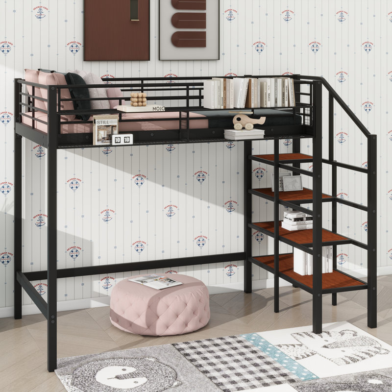 Twin-Sized Metal Loft Bed, Features Upper Grid Storage Shelf And Ladder With Side Compartments, Black