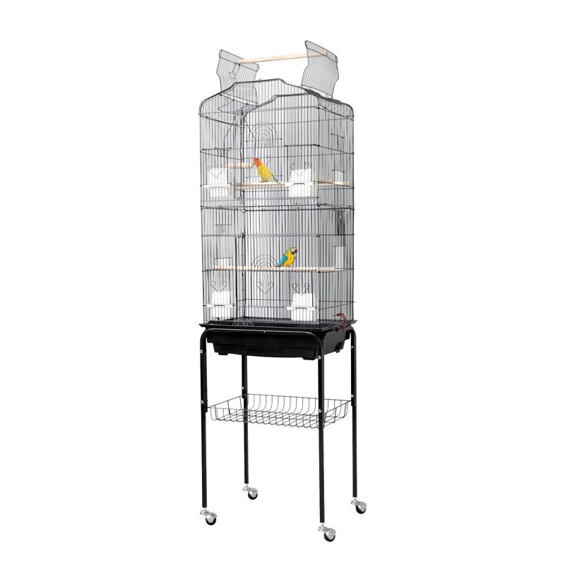 Large Bird Cage with Play Open Top, Metal Bird Flight Cage with Detachable Rolling Stand & Storage Shelf for Parrots Conures Lovebird Cockatiel Parakeets, Black