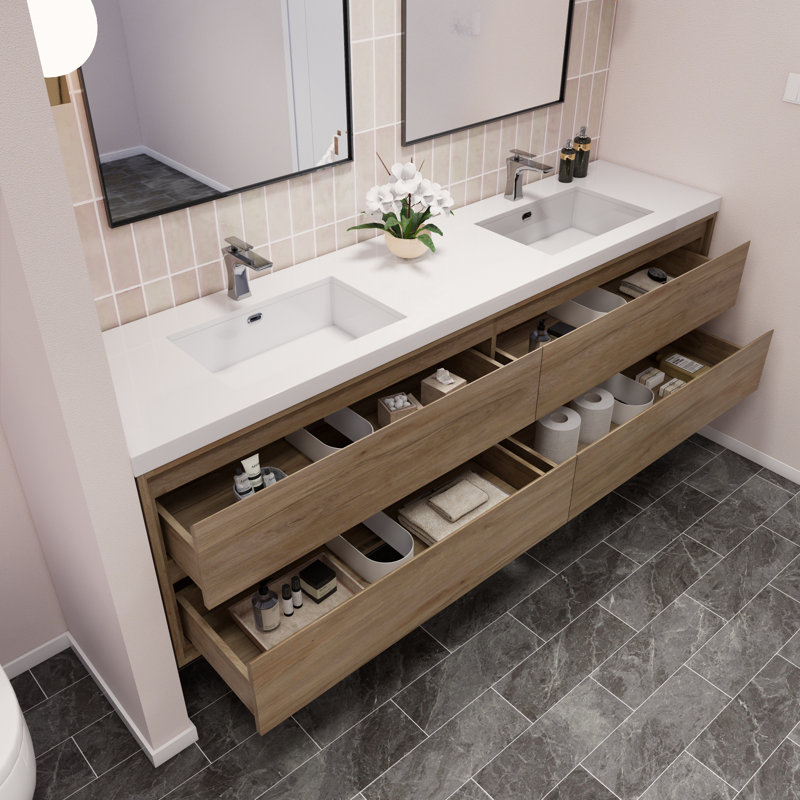 Azden 84" Wall-Mounted Double Bathroom Vanity Set, White Oak