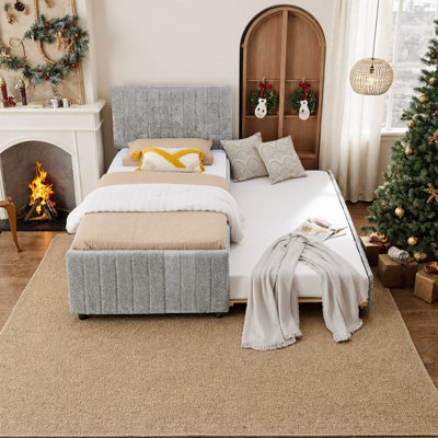 Space-Saving Upholstered Daybed with Pull-Out Trundle and High Padded Backrest, Convertible Single to Double Bed for Guest Rooms and Small Spaces