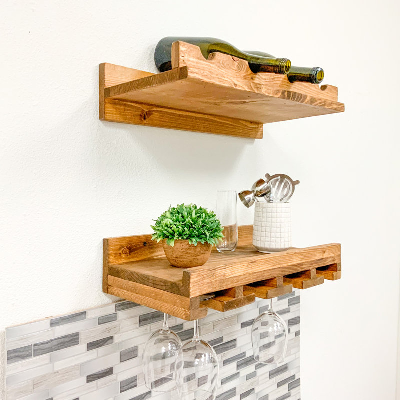 Support à vin à et à verres à fixation murale en bois massif Blende, Noyer, H 6 po x l 19,5 po x P 10 po