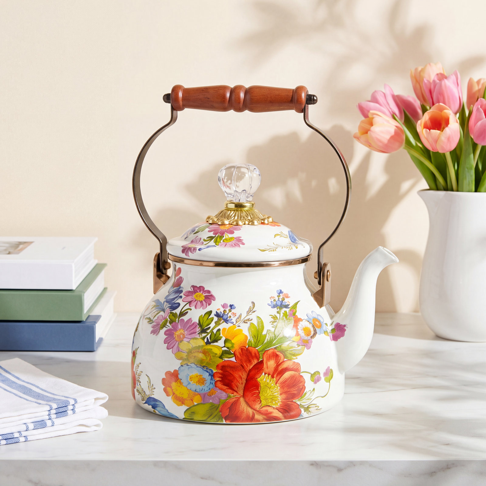 MacKenzie-Childs Flower Market 2qt Kettle, White/Brown/Orange/Yellow