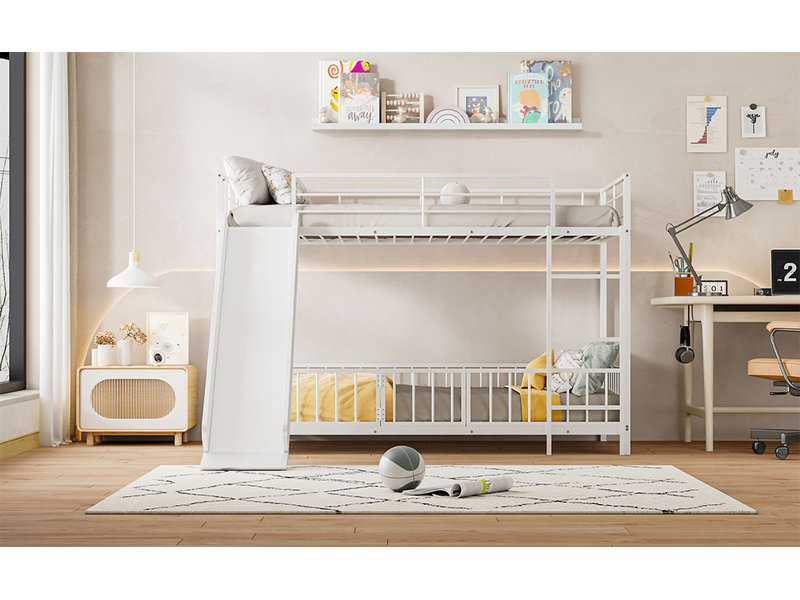 Lit superposé en métal avec glissière et garde-corps, Simple, Blanc