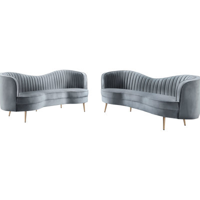 2 Grey And Gold Camel Back Living Room , Soft Velvet , Inverted Curve Design, Tapered Legs For Style Elegant Wrapped, Style, Vertical Channel