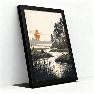Silhouette, arbres et roseaux au coucher du soleil orange, art mural sur toile