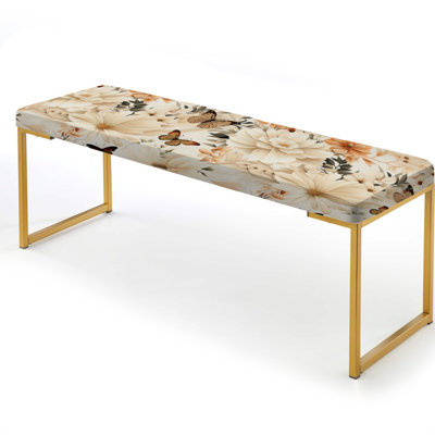 Boho Tropical Beige Butterfly Floral Wings - Floral Upholstered Gold Bench