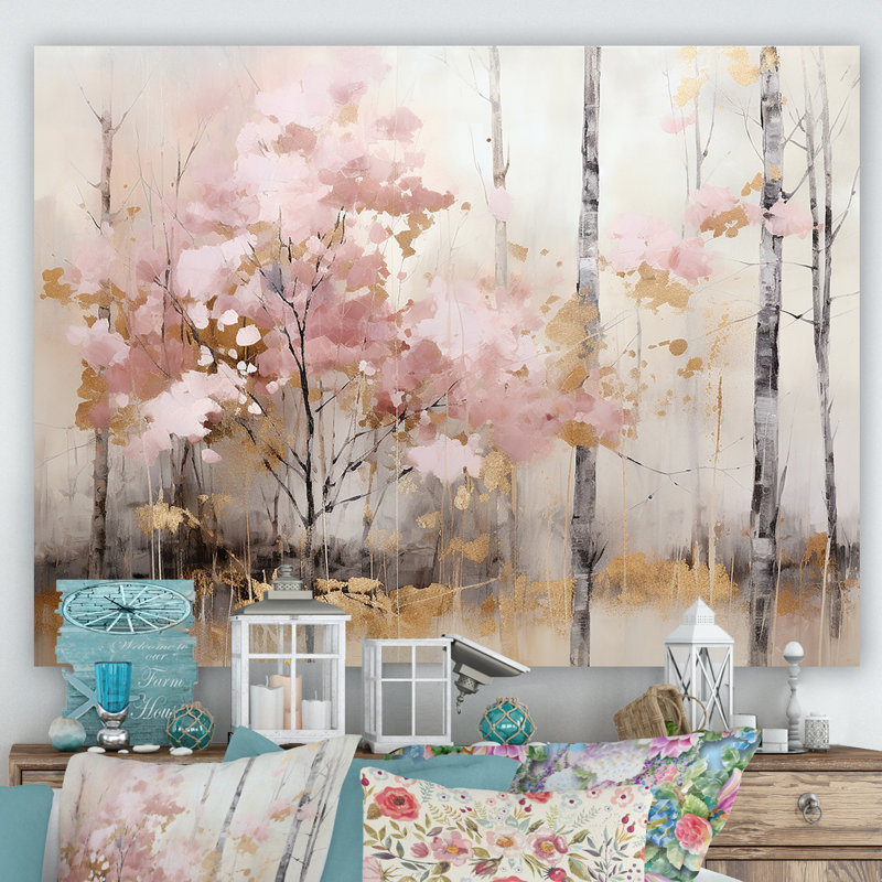 «Minimalisme rose et forêt dorée», reproduction sur toile, Toile tendue, H 16 po x l 32 po x P 1 po