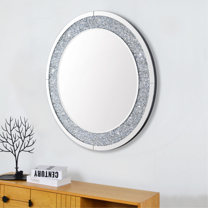 Magnifique miroir mural rond en diamant écrasé, exquis et durable pour tout espace
