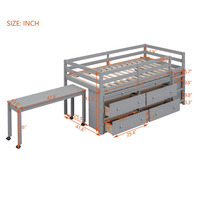 Loft Bed With Retractable Writing Desk And 4 Drawers, Wooden Loft Bed With Lateral Portable Desk And Shelves, Gray, Twin