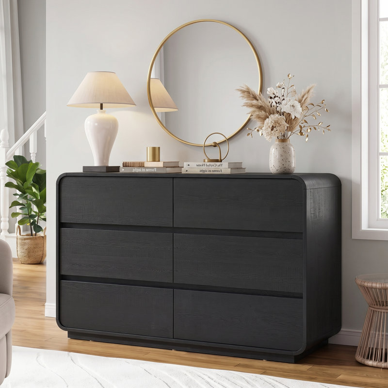 Commode 6 tiroirs Black Farmhouse, commode en bois rustique, rangement polyvalent pour la chambre à coucher et le salon