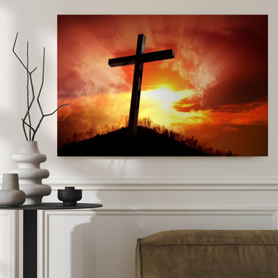 1 pièce, reproduction d'art sur toile encadrée Silhouette d'une croix sur une colline au coucher du soleil, style dramatique et spirituel, peinture à l'huile, décoration murale parfaite pour le salon, la chambre à coucher, le bureau, la cuisine, la salle de bain, le cadeau idéal pour la décoration murale