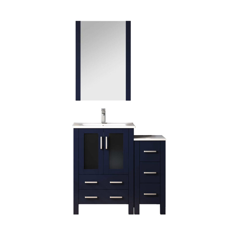 Bleu marine 36 po Meuble-lavabo large avec armoire latérale, robinet, comptoir en céramique blanche et miroir suspendu 22 po