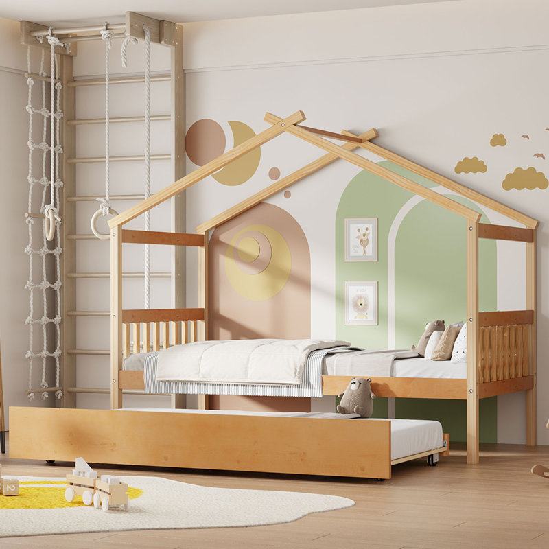 Lit simple avec lit gigogne et structure en bois massif, Naturel, Lit simple