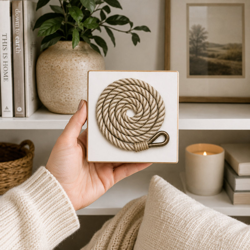 Mini bloc d'art en bois carré de 14 cm représentant une corde de navire enroulée