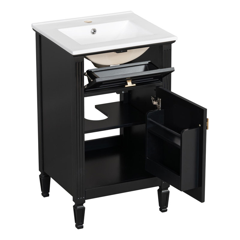 Meuble-lavabo autoportant de 20 po avec lavabo en céramique, Noir